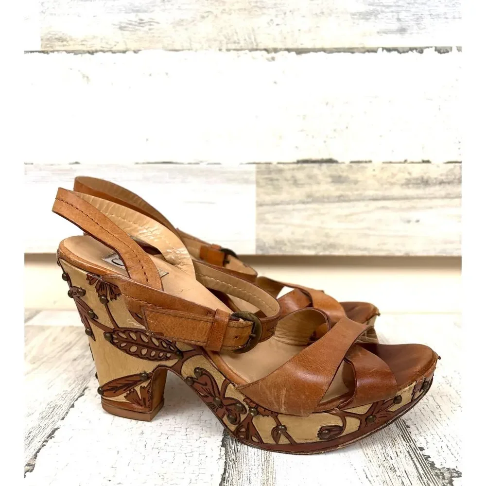 Barneys New York Coop Vintage RARE Womens 8 Leather Platform Heel Sandal Boho